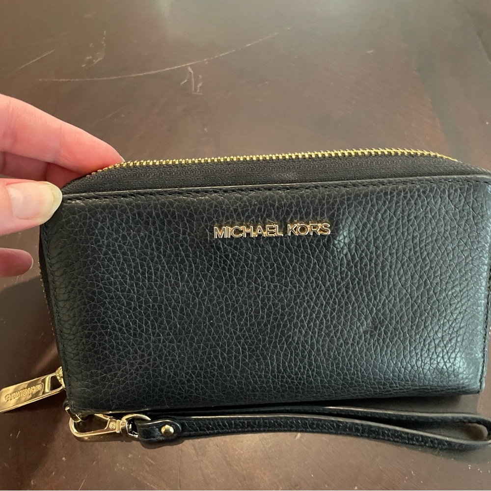 Michael Kors Black Leather Wristlet with Gold Hardware